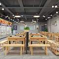 Modern Hotpot Restaurant Interior With Wooden Tables Benches Hanging Lights And Menu Posters