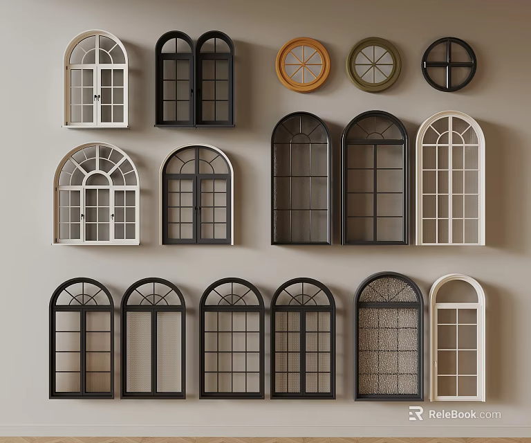 Various Window Designs With Arched Circular And Double Styles In Black White Brown 3d model 