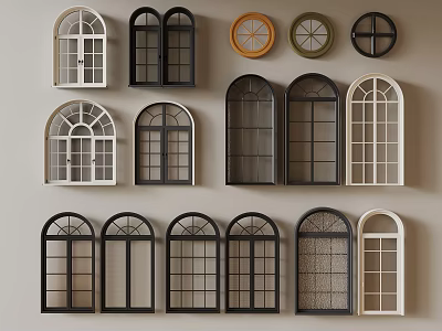 Various Window Designs With Arched Circular And Double Styles In Black White Brown 3d model