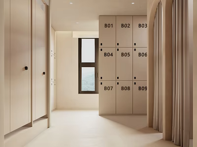 Modern White Lockers Numbered B01 to B09 In Bright Corridor Space 3d model
