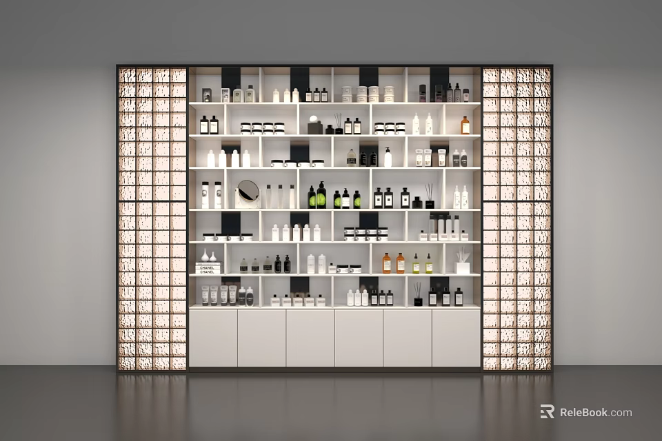 White and Black Modern Display Shelving With Illuminated Sides Showcasing Cosmetic Bottles 3d model 