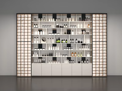 White and Black Modern Display Shelving With Illuminated Sides Showcasing Cosmetic Bottles 3d model