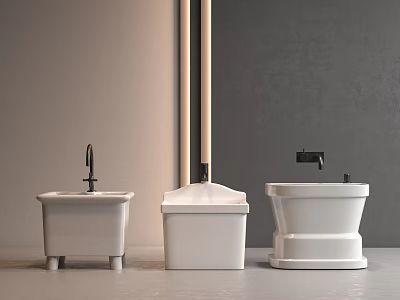 White Ceramic Bathroom Accessories Including Two Wash Basins And Toilet Brush 3d model