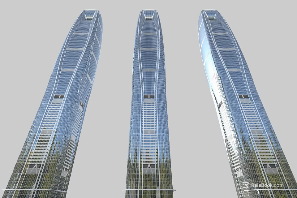 Three Modern High Rise Office Buildings With Glass Curtain Walls Sleek Curved Design Reflecting Sky 3d model 