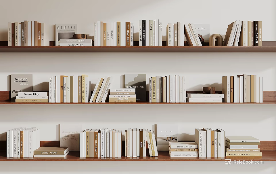 Neatly Arranged Books And Magazines On Wooden Bookshelves Against White Walls 3d model 
