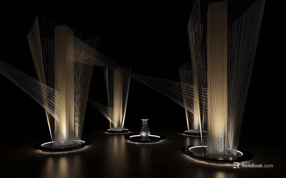 Modern Light Sculpture Installation With Slender Line Structures Illuminated Circular Bases And Central Art Piece 3d model 