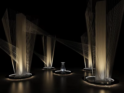 Modern Light Sculpture Installation With Slender Line Structures Illuminated Circular Bases And Central Art Piece 3d model