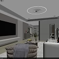 Modern Living Dining Room Open Concept With White Sofa Large TV Round Chandelier And Plants