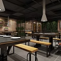 Industrial Style Restaurant Interior With Brick Walls Wooden Tables And Hanging Lights