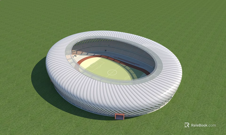 Modern Oval Stadium With White Ribbed Exterior And Green Field Interior 3d model 