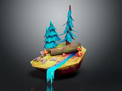 Blue Pine Trees On Floating Island With Wooden Log Red Mushrooms And Water Stream 3d model