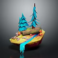 Blue Pine Trees On Floating Island With Wooden Log Red Mushrooms And Water Stream