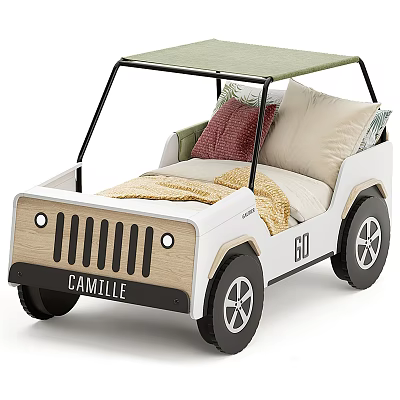 Fun Jeep Shaped Kids Bed With Green Canopy Pillows And Soft Blanket 3d model