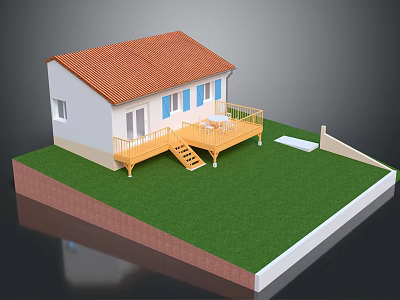 Cartoon House Scene With Red Roof White Walls Blue Shutters Yellow Balcony And Green Lawn 3d model