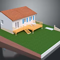 Cartoon House Scene With Red Roof White Walls Blue Shutters Yellow Balcony And Green Lawn