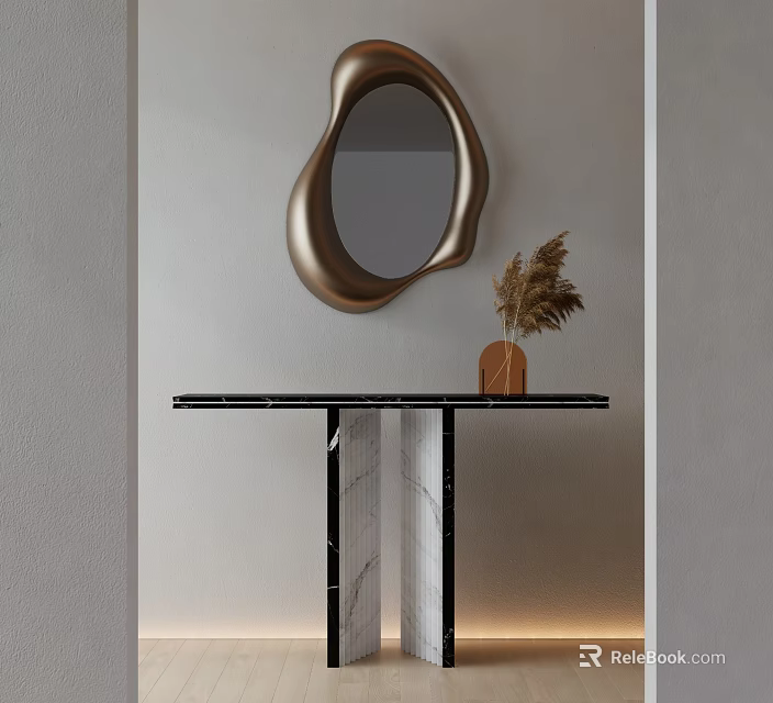 Modern Console Table With Golden Irregular Mirror And Pampas Grass In Wooden Vase 3d model 