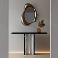 Modern Console Table With Golden Irregular Mirror And Pampas Grass In Wooden Vase