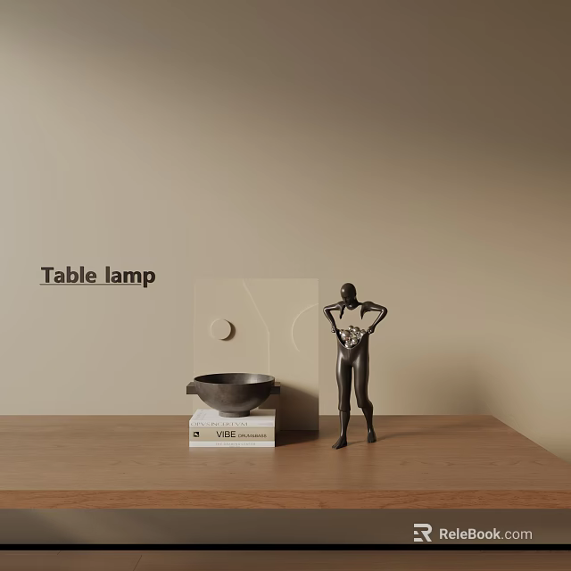Decorative Ornament Set with Table Lamp Figurine on Wooden Table Beige Background 3d model 