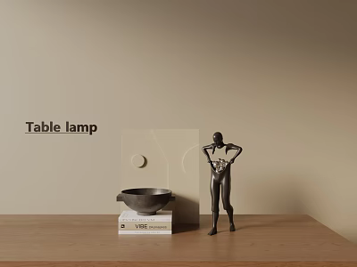 Decorative Ornament Set with Table Lamp Figurine on Wooden Table Beige Background 3d model