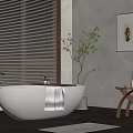 Serene Bathroom Interior With White Freestanding Bathtub Wooden Stool And Green Plant