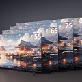 Multiple Televisions Displaying Scenic Landscape With Traditional Pavilion Water Reflections And Sky Clouds