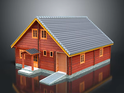 Red Wooden House with Gray Tile Roof Porch Steps and Windows 3d model