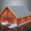 Red Wooden House with Gray Tile Roof Porch Steps and Windows