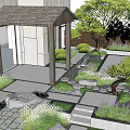 Modern Courtyard Garden With Wooden Pavilion Stone Path Greenery Rock Accents And Small Water Feature