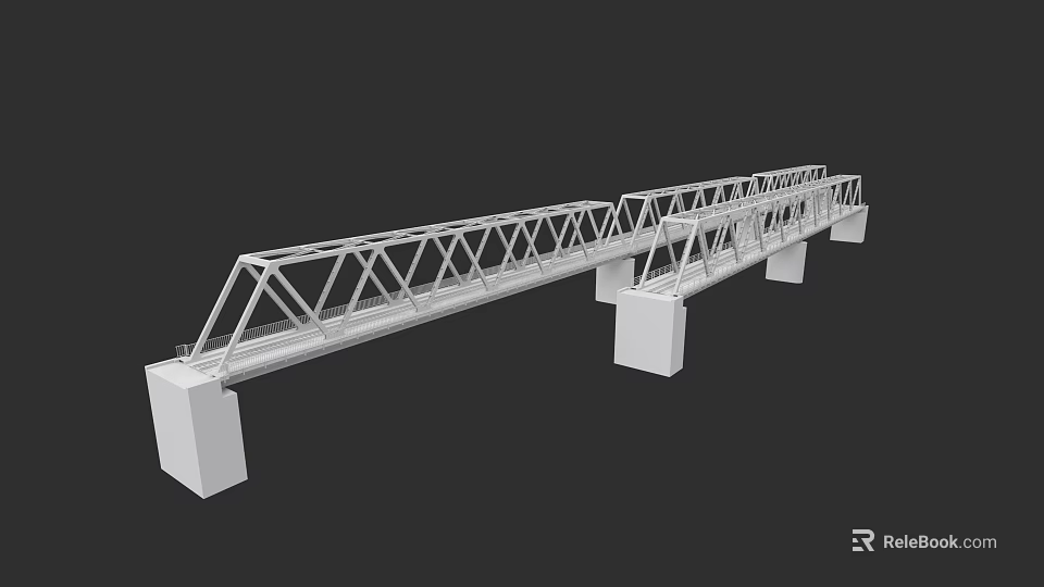 Train Traveling Over Steel Truss Railway Bridge with Concrete Supports 3d model 