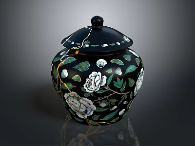 Intricate Floral Sculpted Black Jar With Lid And White Flower Carvings 3d model