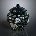 Intricate Floral Sculpted Black Jar With Lid And White Flower Carvings