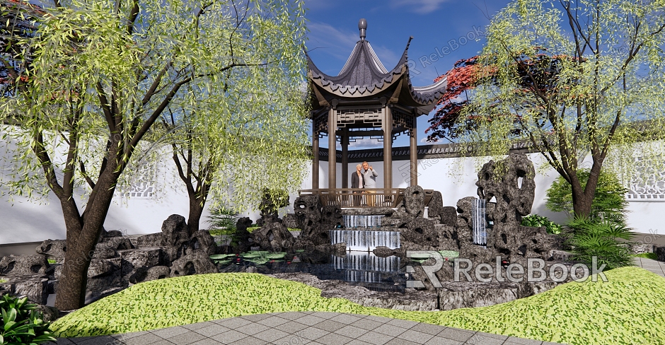 New Chinese Courtyard Courtyard Garden Jiangnan Classical Garden Garden Garden Pond Waterscape Taihu Lake Stone Hexagonal Pavilion Willow model