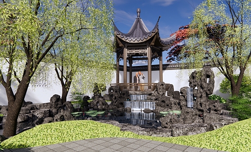 New Chinese Courtyard Garden Jiangnan Classical Garden Pond Waterscape Taihu Lake Stone Hexagonal Pavilion Willow 3d model