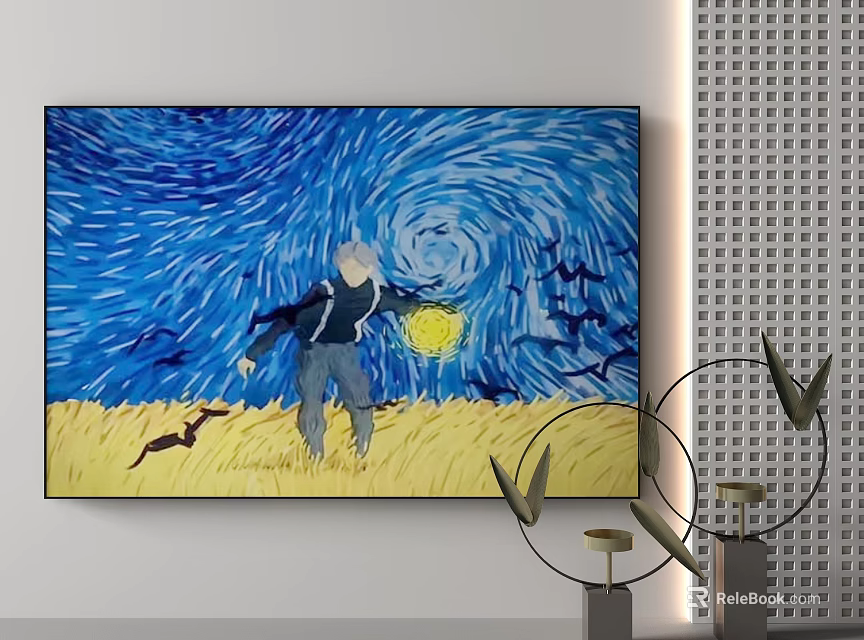 Van Gogh Style Starry Night Painting Featuring Figure With Yellow Ball And Wheat Field Decorations 3d model 