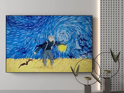Van Gogh Style Starry Night Painting Featuring Figure With Yellow Ball And Wheat Field Decorations 3d model