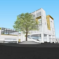 Modern White School Building With Geometric Facade Green Lawn Trees And Glass Windows