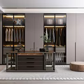 Modern Walk In Closet Interior With Glass Cabinets Clothing And Central Table