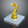 Yellow Robotic Arm Placed On White Square Base Platform With Metallic Structure 3d model