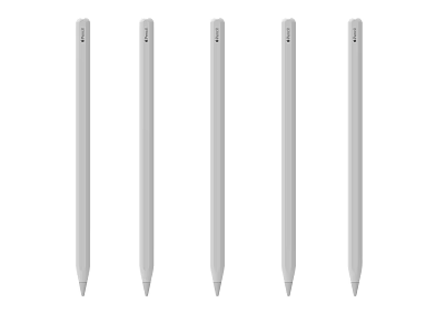 Five White Pens Neatly Arranged In A Row On White Background 3d model