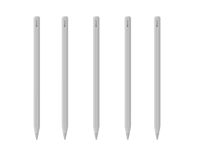 Five White Pens Neatly Arranged In A Row On White Background 3d model