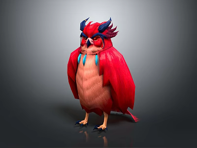 Game Movie Character Red Owl With Blue Horns Fluffy Feathers And Sharp Claws 3d model