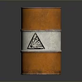 Rusty Orange Metal Barrel With White Band And Black Triangular Symbol
