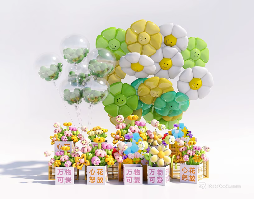 Popular Photo Check In Spot With Colorful Flower Balloons Transparent Decor And Small Potted Flowers 3d model 