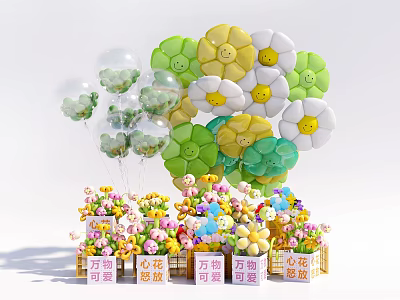 Popular Photo Check In Spot With Colorful Flower Balloons Transparent Decor And Small Potted Flowers 3d model
