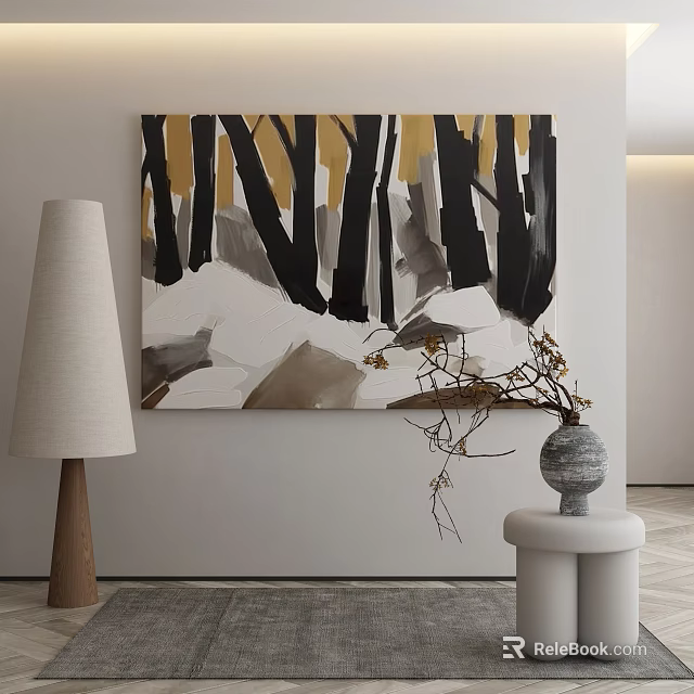 Modern Interior With Abstract Painting Black Gold Gray Strokes Floor Lamp And Vase 3d model 
