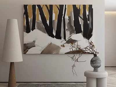 Modern Interior With Abstract Painting Black Gold Gray Strokes Floor Lamp And Vase 3d model