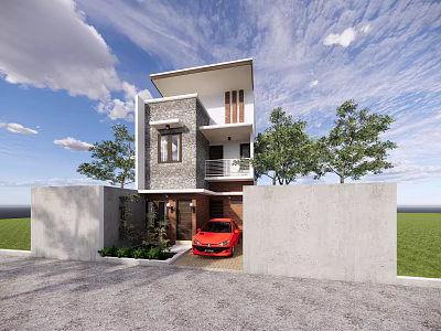 Modern Detached Villa with Two Story Garage Red Car Trees Blue Sky and Green Lawn 3d model