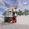 Modern Detached Villa with Two Story Garage Red Car Trees Blue Sky and Green Lawn