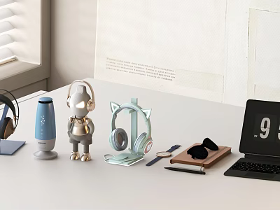Modern Over Ear Headphones And Blue Bluetooth Speaker With Cat Ear Stand On Desktop Table 3d model