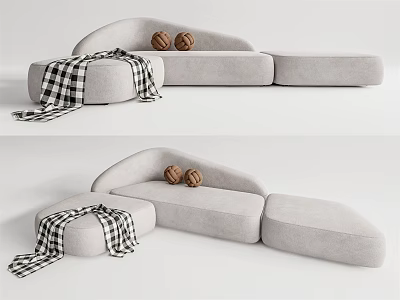 Light Gray Modular Sectional Sofa With Brown Cushions And Checkered Blanket 3d model